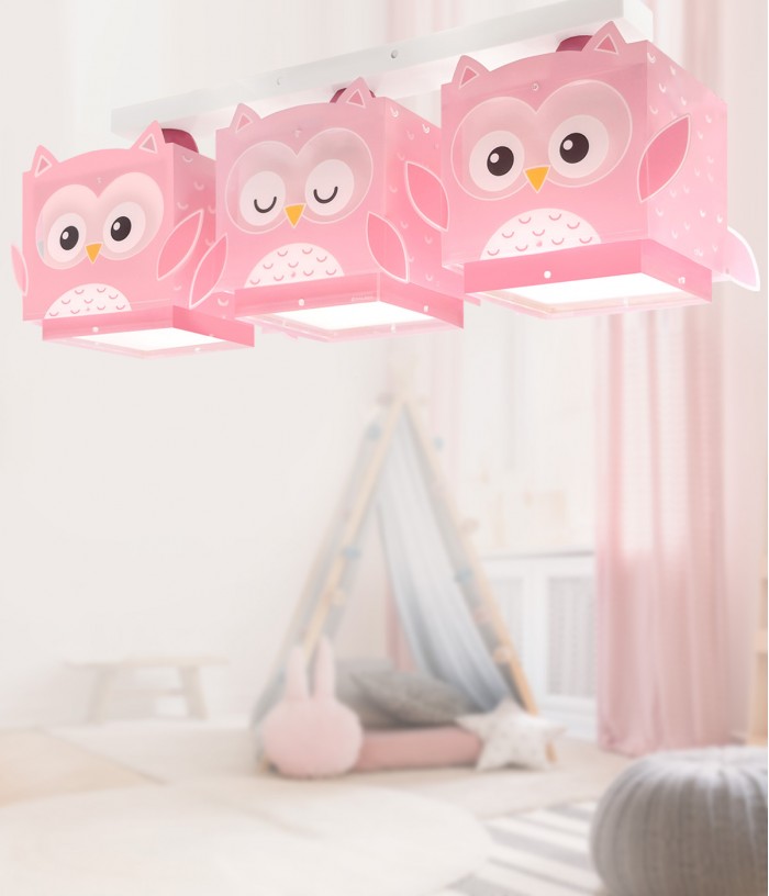 Plafonnier Pour Enfant 3 Lumières Little Pink Owl Petite Chouette Rose