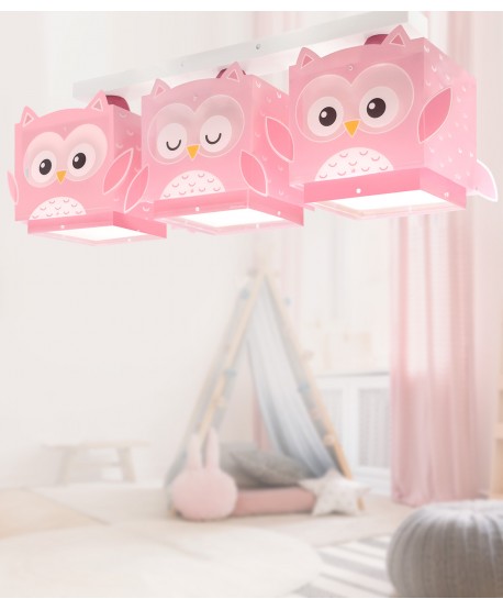 Plafon De Teto Infantil Com 3 Lâmpadas Little Owl Rosa Coruja