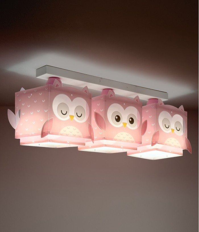 Plafoniere a 3 luci per bambini Little Pink Owl Piccola Civetta Rosa