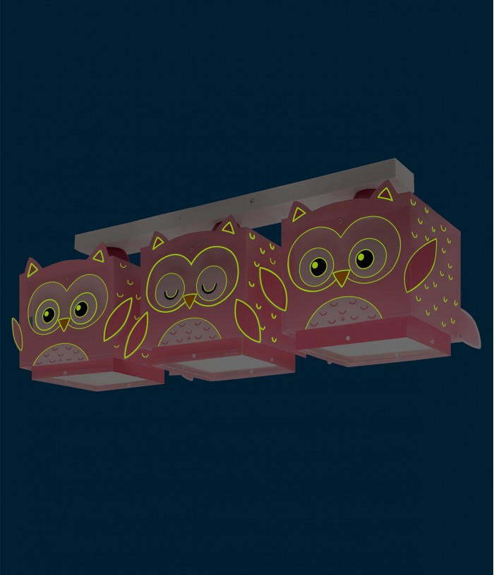 Plafoniere a 3 luci per bambini Little Pink Owl Piccola Civetta Rosa