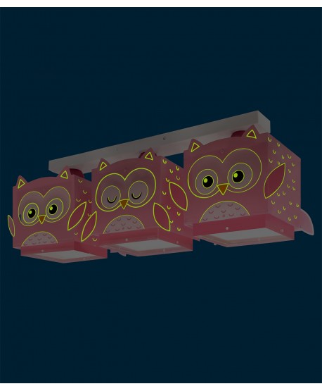 Plafoniere a 3 luci per bambini Little Pink Owl Piccola Civetta Rosa