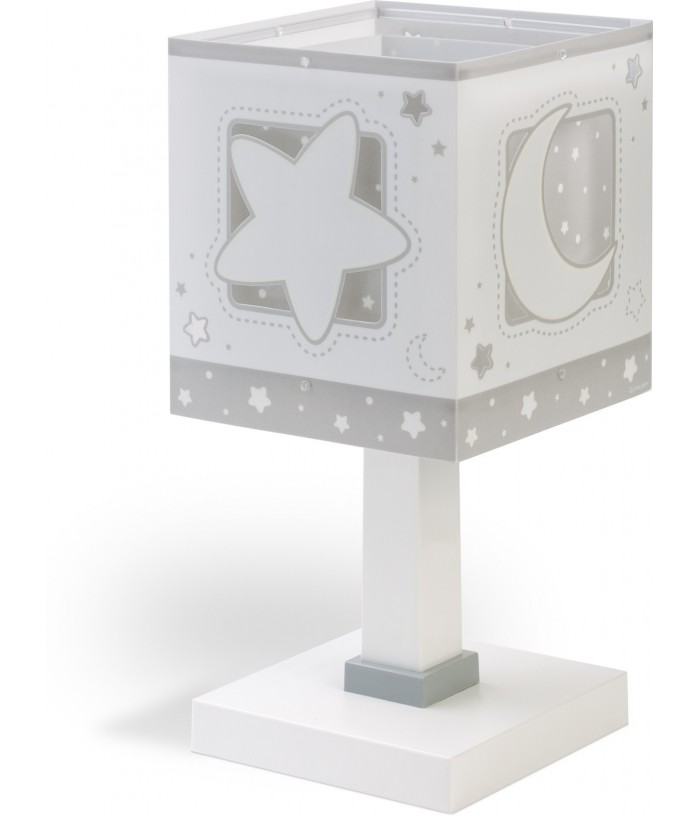 Candeeiro infantil de mesa Luz de presença LED Moonlight Lua e estrelas cinza