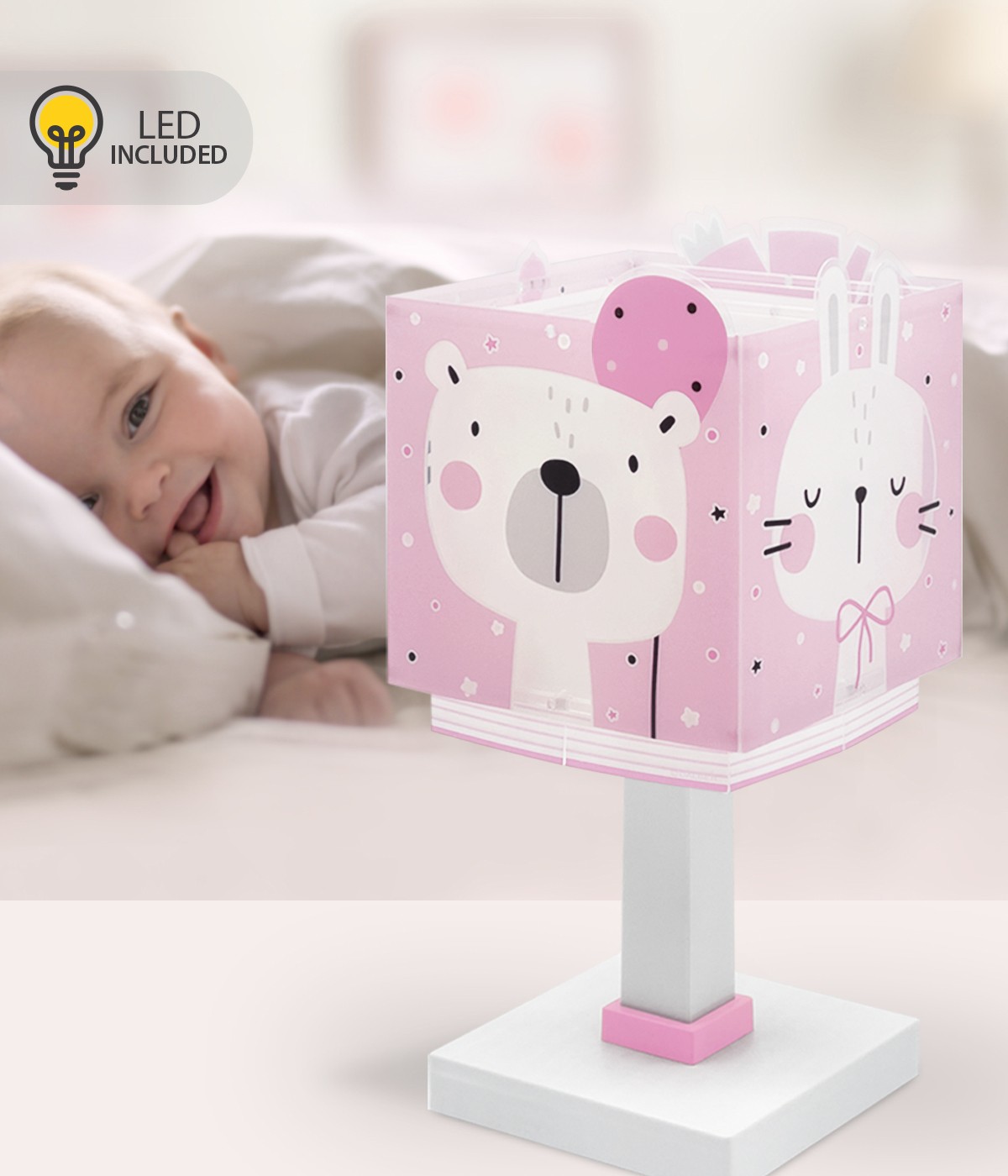 Lámpara de mesa infantil LED quitamiedos Baby Jungle animales bosque rosa