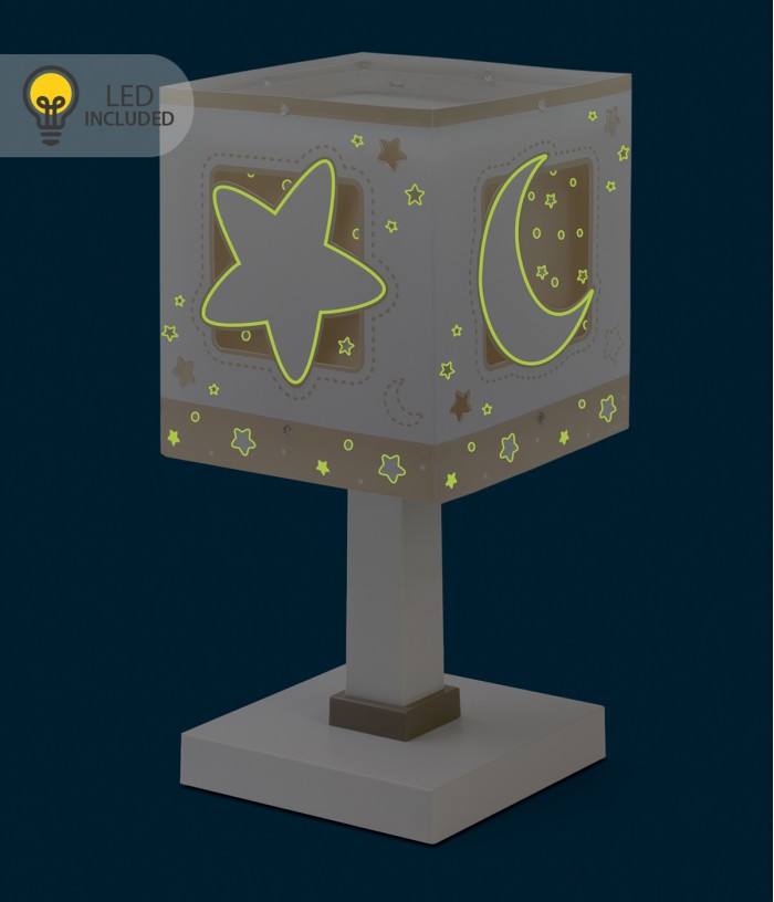 Candeeiro infantil de mesa Luz de presença LED Moonlight Lua e estrelas bege