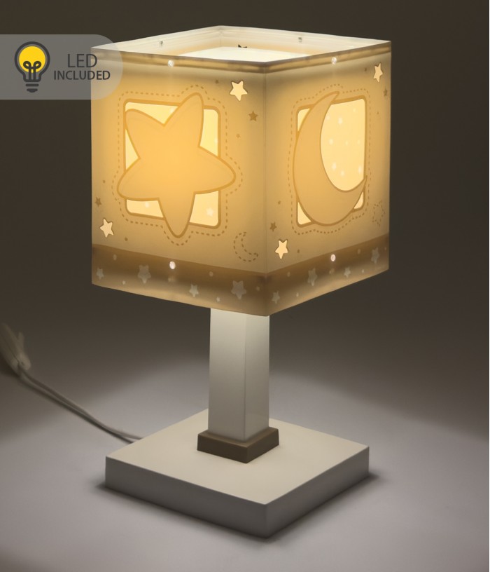 Candeeiro infantil de mesa Luz de presença LED Moonlight Lua e estrelas bege