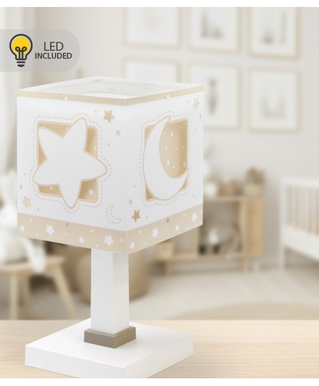 Candeeiro infantil de mesa Luz de presença LED Moonlight Lua e estrelas bege