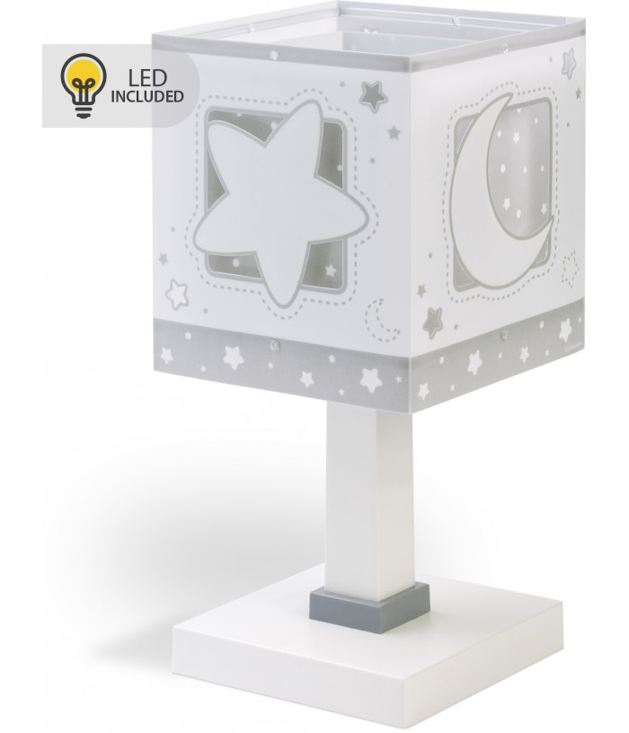 Candeeiro infantil de mesa Luz de presença LED Moonlight Lua e estrelas cinza