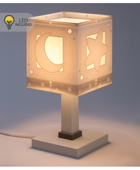 Candeeiro infantil de mesa Luz de presença LED Moonlight Lua e estrelas cinza