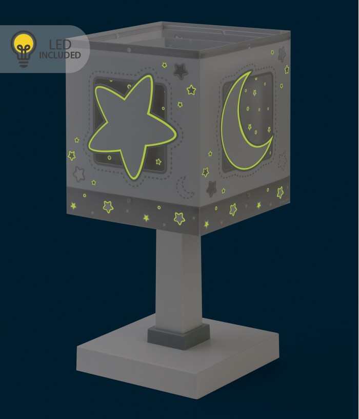 Candeeiro infantil de mesa Luz de presença LED Moonlight Lua e estrelas cinza