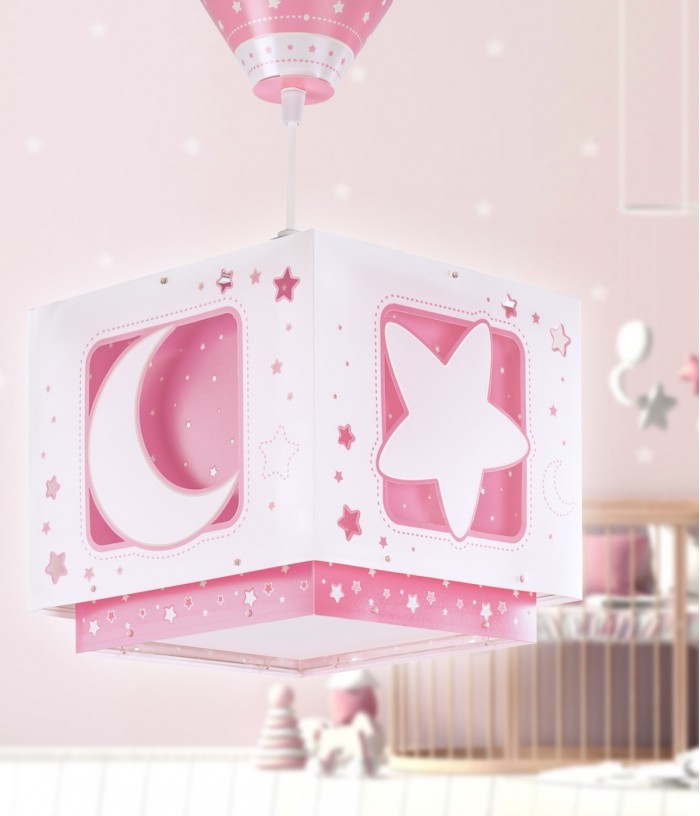Lustre et lampe suspension enfant Moonlight lune et étoiles rose