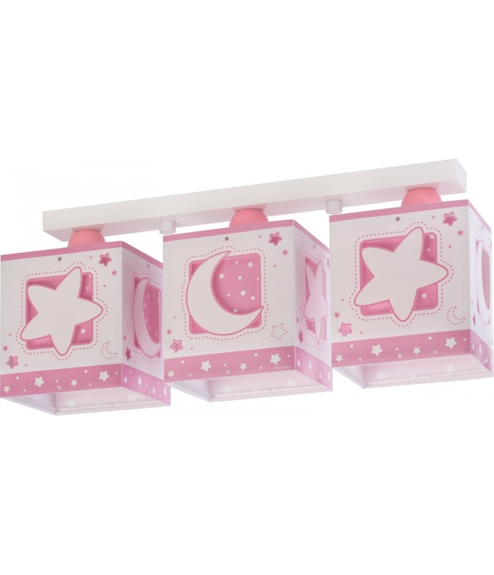Plafonnier pour enfants à 3 lampes Moonlight lune et étoiles rose