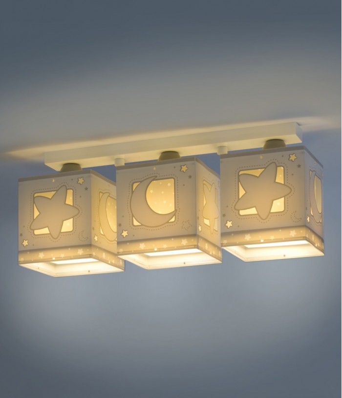 Plafonnier pour enfants à 3 lampes Moonlight lune et étoiles gris