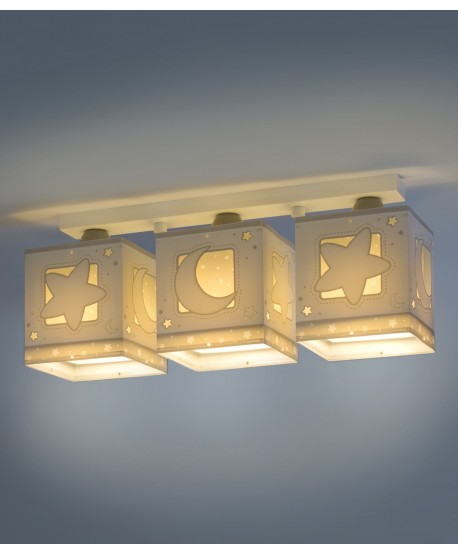 Plafonnier pour enfants à 3 lampes Moonlight lune et étoiles gris