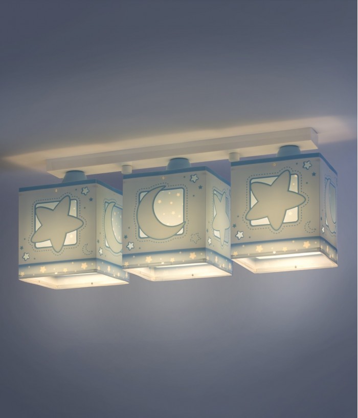 Plafonnier pour enfants à 3 lampes Moonlight lune et étoiles bleu