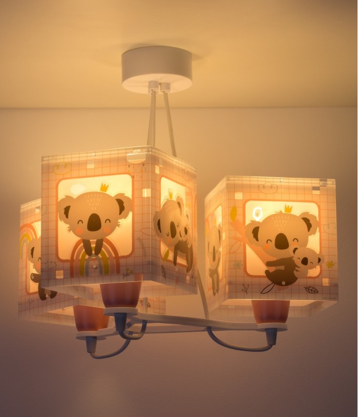 Candeeiro infantil de tecto de três luzes Koala rosa