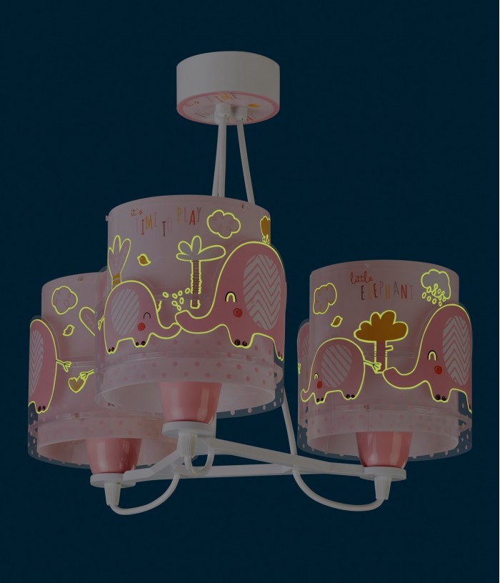 Candeeiro infantil de tecto de 3 luzes Little Elephant rosa