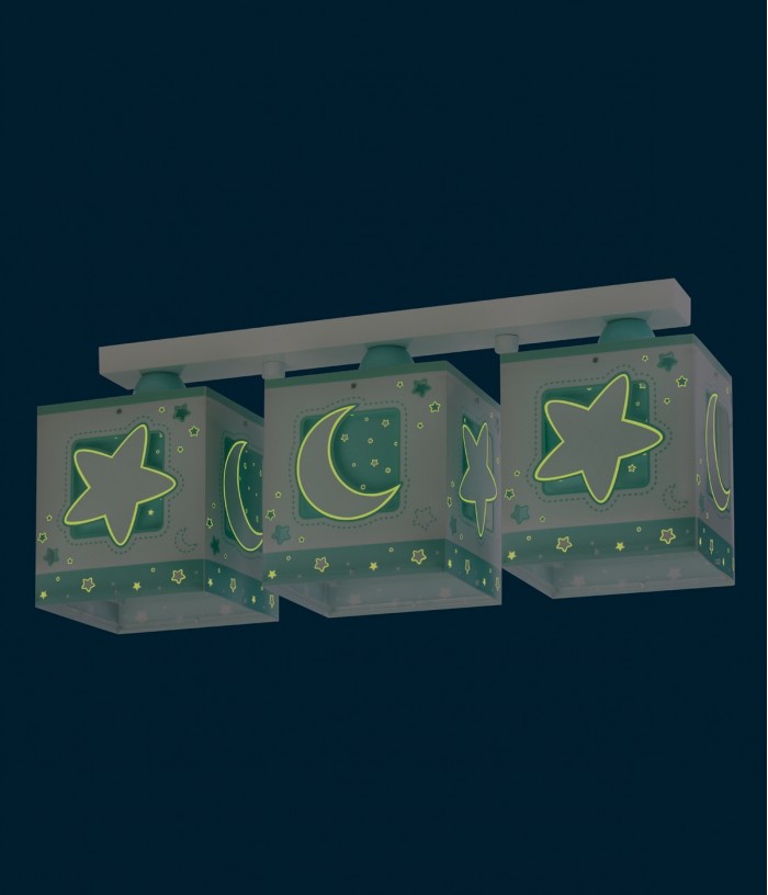 Plafonnier pour enfants à 3 lampes Moonlight lune et étoiles vert