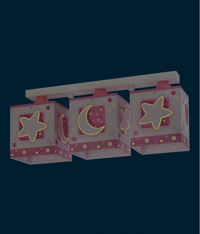 Plafonnier pour enfants à 3 lampes Moonlight lune et étoiles rose