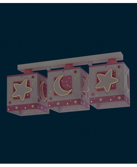 Plafonnier pour enfants à 3 lampes Moonlight lune et étoiles rose