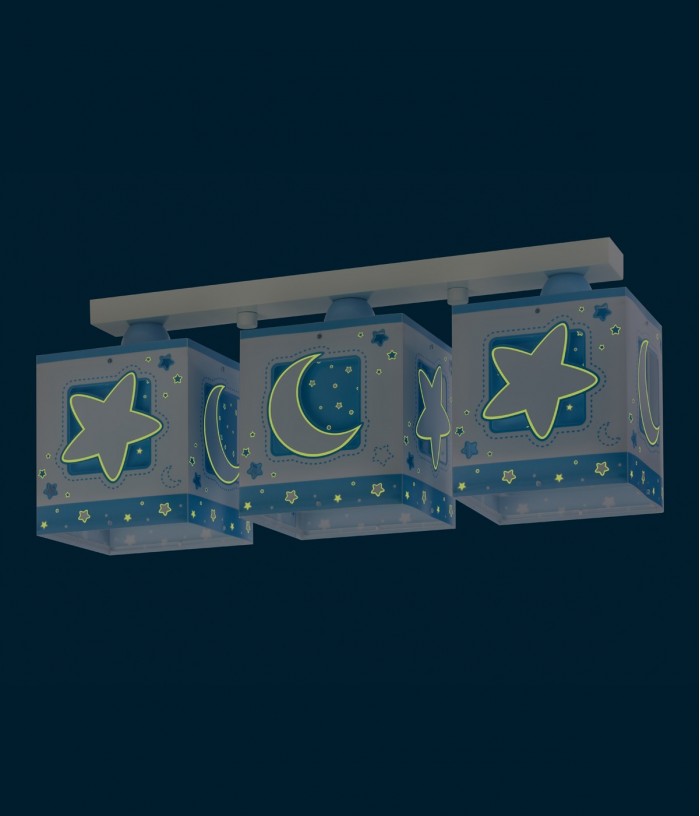 Plafonnier pour enfants à 3 lampes Moonlight lune et étoiles bleu