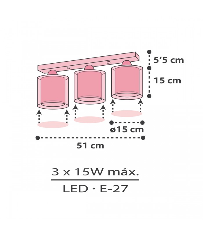 Plafón de techo 3 luces infantil Clouds Nube rosa