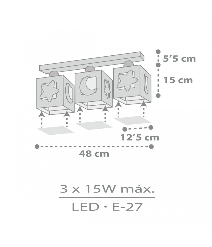 Plafonnier pour enfants à 3 lampes Moonlight lune et étoiles gris