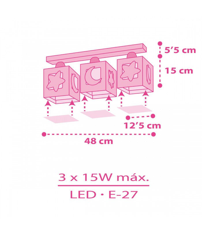 Plafón de techo 3 luces infantil Moonlight Luna y Estrellas rosa