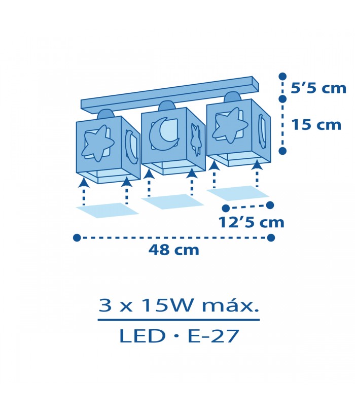 Plafón de techo 3 luces infantil Moonlight Luna y Estrellas azul