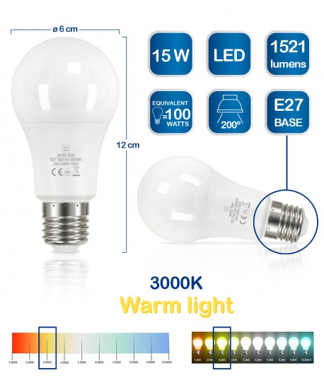 Lâmpada LED E27 15W 3000k Quente