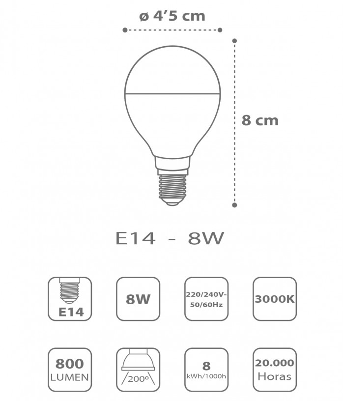 Lâmpada LED E14 8W 3000k Quente