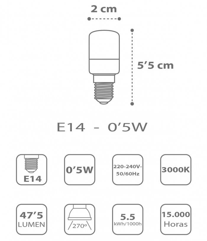 Lampadina LED E14 0,5W 2800k Calda - Luce notturna / Guida