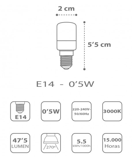 Bombilla LED E14 0,5W 2800k Cálida - Luz Noche / Guía
