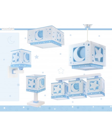 Plafonnier pour enfants à 3 lampes Moonlight lune et étoiles bleu