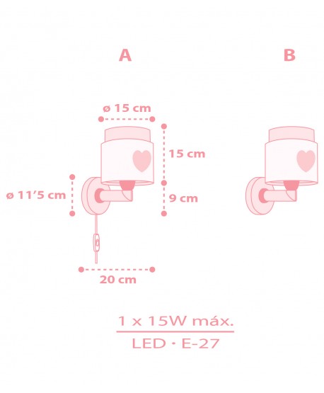 Candeeiro de parede infantil Baby Dreams Coração rosa