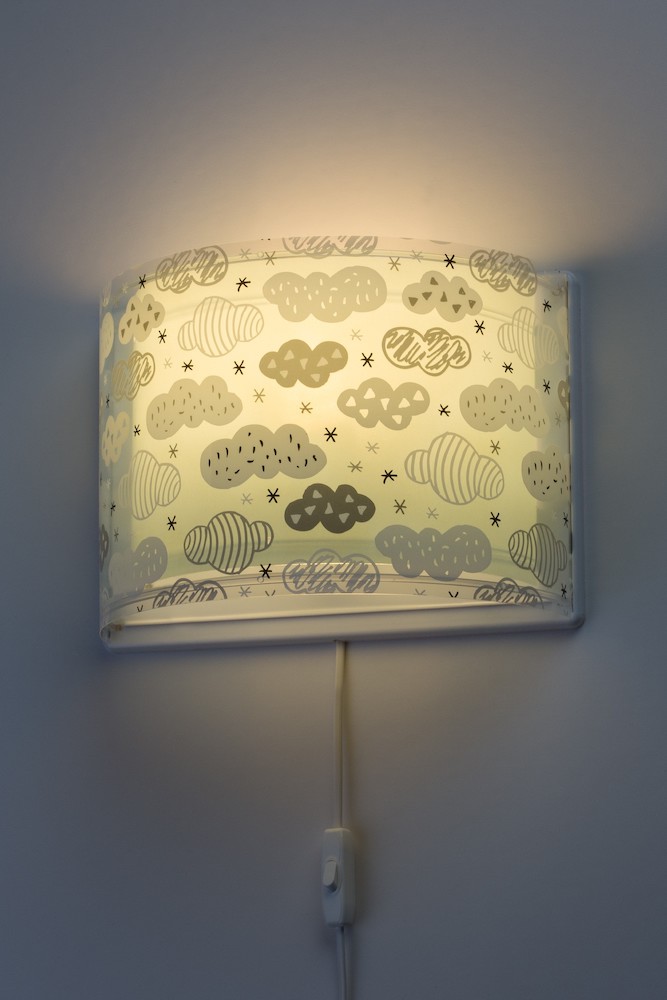 wall light for children, with double lampshade and decoration of white and gray clouds